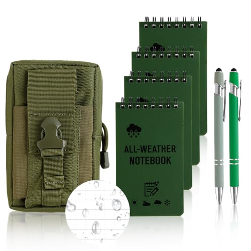 QLFJ-FurDec 4PCS Wasserdichtes Notizbuch Mini Notizblock, 1PCS Molle Tasche und 2PCS Kugelschreiber, A7 Pocket Write in the Rain Notizbücher mit Spirale, 13x7.7cm Kleiner Field Notes (Grünes Set) von QLFJ-FurDec