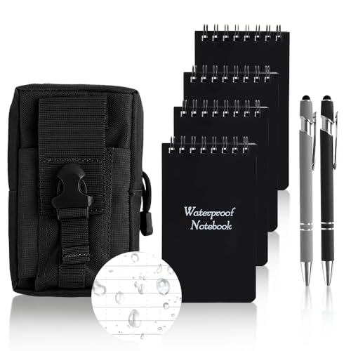 QLFJ-FurDec 4PCS Wasserdichtes Notizbuch Mini Notizblock, 1PCS Molle Tasche und 2PCS Kugelschreiber, A7 Pocket Write in the Rain Notizbücher mit Spirale, 13x7.7cm Kleiner Field Notes (Schwarzes Set) von QLFJ-FurDec