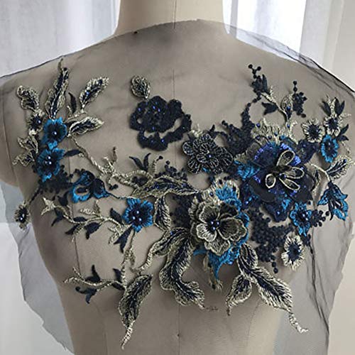 QLING 3D Stickerei Perlen Spitze Applikation Blumen Strass Tüll Besatz Besetzter Stoff für DIY Ausschnitt Hochzeit Brautkleid Kleidung Stickerei Dekoration, nicht null, saphirblau, Free Size von QLING