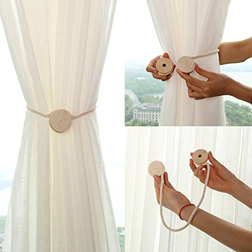 Qling Magnetische Vorhang-Raffhalter im ländlichen Stil, runde Holzkugeln, Baumwollseil, Vorhang-Raffhalter, für Zuhause, Büro, Dekoration, Beige, 2 Stück Qling Magnetische Vorhang-Raffhalter im ländlichen Stil, runde Holzkugeln, Baumwollseil, Vorhang-Raffhalter, für Zuhause, Büro, Dekoration, Beige, 2 Stück von QLING