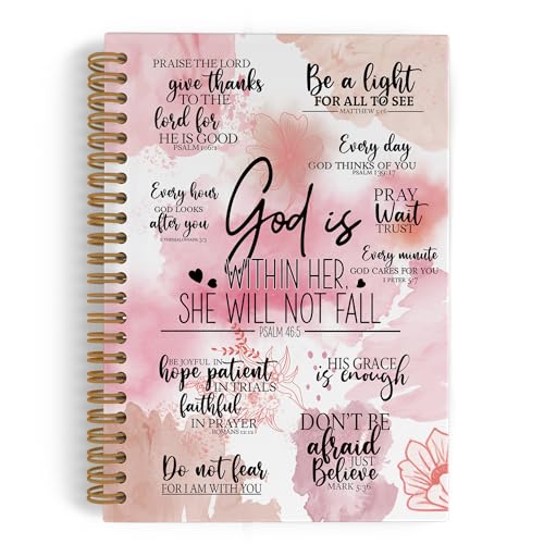 QLMX Pink God Is Within Her She Will Not Fall Spiralnotizbuch, christliches Geschenk für Frauen, Tagebuch, Bibel-Notizbücher für Schularbeit, inspirierende, religiöse Bürobedarf, Geschenke, 14 x 21 cm von QLMX