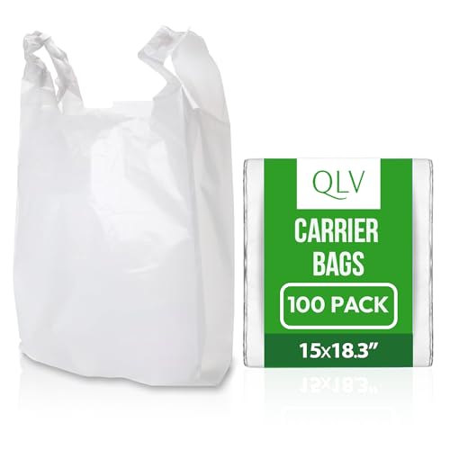 Weiße Kunststoff-Tragetaschen x 100 | starke Plastiktüten 38,1 x 45,7 cm + 7,6 cm | robuste Westentragetasche mit Griffen | Einkaufstaschen, Kleidertaschen, Wäschesäcke QLV, weiß, M, Klassisch von QLV