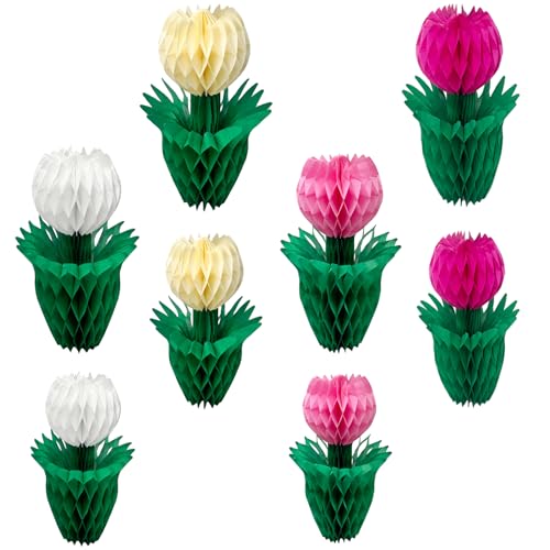 8 x Blumenwaben-Dekoration, Tulpen, Wabenpapier, Tafelaufsätze für Tisch, Hochzeit, Zuhause, Geburtstag, Party, Frühlingsdekoration (Hot Pink / Creme) von QMBIRDSIR
