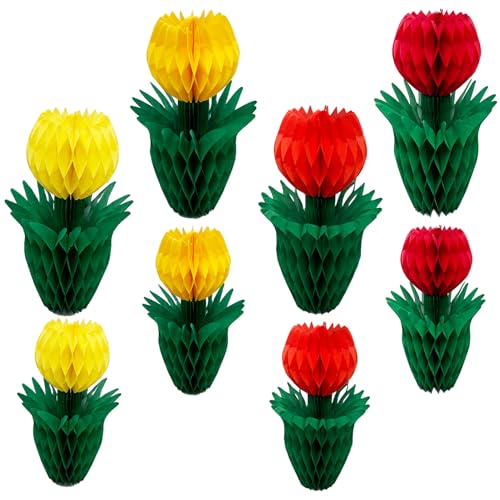 8 x Blumenwaben-Dekoration, Tulpen, Wabenpapier, Tafelaufsätze für Tisch, Hochzeit, Zuhause, Geburtstag, Party, Frühlingsdekoration (Rot, Orange, Gelb) von QMBIRDSIR