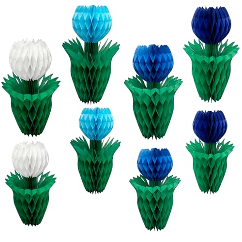 8 x Blumenwaben-Dekoration, Tulpen, Wabenpapier, Tafelaufsätze für Tisch, Hochzeit, Zuhause, Geburtstag, Party, Frühlingsdekoration (Seeblau-Weiß) von QMBIRDSIR