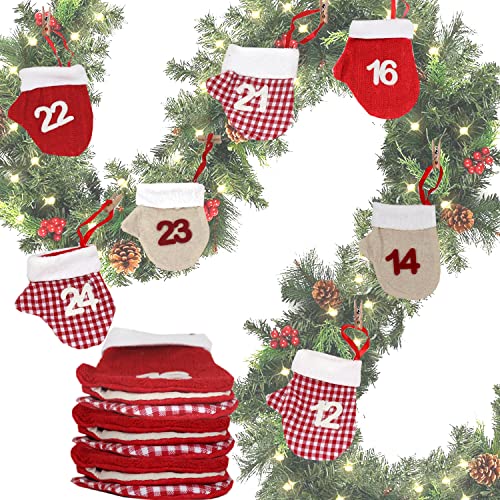 24 Handschuh Säckchen Adventskalender Befüllen 2023 | Weihnachts-Kalender mit Holz Klammern an einer Kordel für Jungs Mädchen Frauen Männer von QMBasic