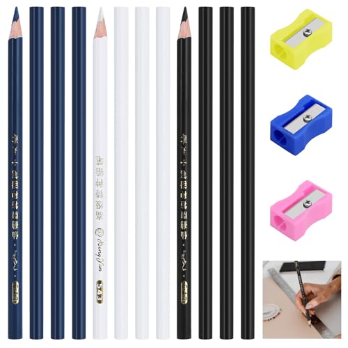 QMLING 12 Stück Schneiderkreide Stift, Nähkreide Stoffkreide mit Bleistiftspitzer, Schneiderkreide Weiß Blau Schwarz, Schneiderkreidestift für Schneiderei Notizen Nähen Basteln (3 Farben) von QMLING
