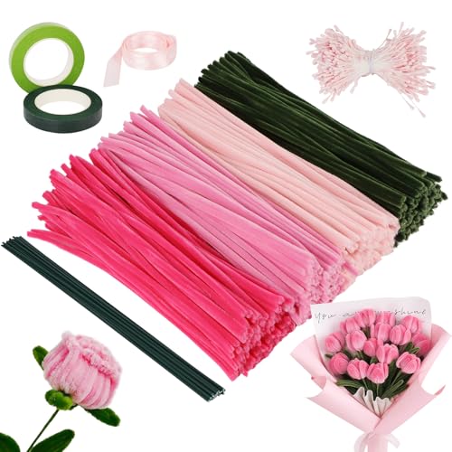 QMLING 400 Stück Pfeifenputzer zum Basteln, Pfeifenreiniger Blumen Set, 4 Farben Pipe Cleaner mit Blumen Staubblatt Floral Tape Blumendraht und Geschenkband für DIY Blumenstrauß QMLING 400 Stück Pfeifenputzer zum Basteln, Pfeifenreiniger Blumen Set, 4 Farben Pipe Cleaner mit Blumen Staubblatt Floral Tape Blumendraht und Geschenkband für DIY Blumenstrauß von QMLING
