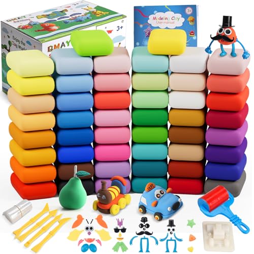 QMAY Modelliermasse-Set, 50 Farben, lufttrocknender, ultraleichter Ton, sicher und ungiftig, tolles Geschenk für Kinder von QMay