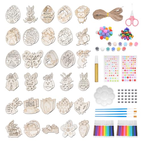 QMofeixiaodianQ Holzanhänger Ostereier zum Bemalen,Ostern Basteln Kinder,Ostereier zum Aufhängen,Bastelset Ostern,Holzeier zum Bemalen,Osteranhänger Holz,DIY Osterdeko Hasen Huhn Blume Anhänger von QMofeixiaodianQ