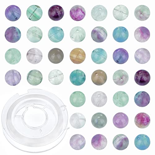 10 mm 80 Stück natürliche bunte Fluorit-Edelstein-Perlen für die Schmuckherstellung mit Kristall-Stretch-Kordel von QOGIR