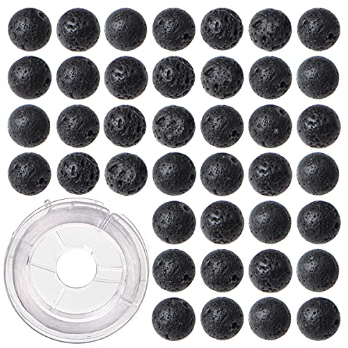 6 mm 200 Stück natürliche schwarze Lava-Edelsteine rund lose Perlen für Schmuckherstellung mit Kristall-Stretchkordel von QOGIR