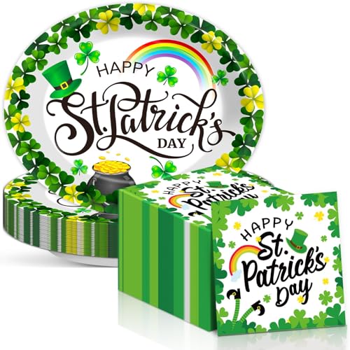 Happy St Patrick's Day Ovale Pappteller 27,9 cm Kleeblatt Regenbogen Gold Münztopf Teller und Servietten, Einweg-Pappteller und Servietten, Einweg-Pappteller, grün, Party-Dekoration, strapazierfähig von QOUBAI
