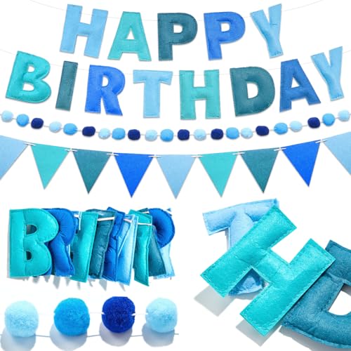 QOUBAI Vorbespannte Happy Birthday Banner Filzkugel Happy Birthday Girlande Blau Geburtstage Dekorationen Wimpelkette String Dreieck Flaggen Marineblau Wimpel Banner Photo Booth Party Supplies für von QOUBAI