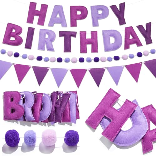 QOUBAI Vorbespannte Happy Birthday Banner Filzkugel Happy Birthday Girlande Lila Geburtstag Dekorationen Wimpelkette String Dreieck Flaggen Lila Wimpel Banner Photo Booth Party Supplies für Frauen von QOUBAI