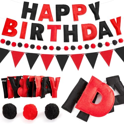 QOUBAI Vorbespannte Happy Birthday Banner Filzkugel Happy Birthday Girlande Schwarz und Rot Geburtstag Dekorationen Wimpelkette String Dreieck Flaggen Schwarz Rot Wimpel Banner Photo Booth Supplies von QOUBAI