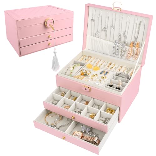QOUBNIC Schmuckaufbewahrung, Schmuckkasten Jewelry Organizer Große Schmuckschatulle mit 3 Ebenen, Jewelry Box für Ringe, Uhren, Ohrringe, Halskette(Rosa) von QOUBNIC