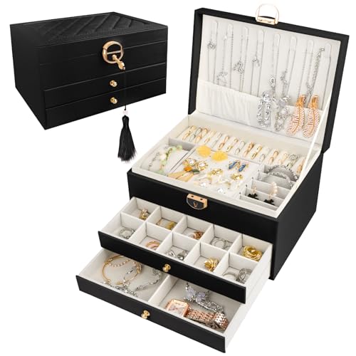 QOUBNIC Schmuckaufbewahrung, Schmuckkasten Jewelry Organizer Große Schmuckschatulle mit 3 Ebenen, Jewelry Box für Ringe, Uhren, Ohrringe, Halskette (schwarz) von QOUBNIC