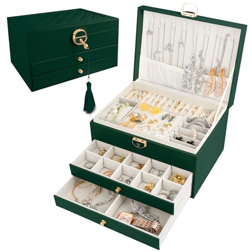 QOUBNIC Schmuckständer für Damen, Schmuckbox, Schmuckkästchen mit 3 Ebenen, Schmuckschatulle für Damen zur Aufbewahrung von Halsketten, Ringen (Grün) von QOUBNIC