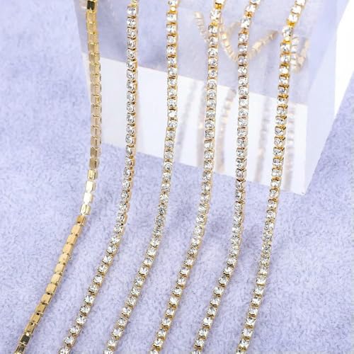1 Yard/5 Yards Kristall-Strasssteine, Tassenkette, Gold, Diamant-Strass, dekorative Applikationen für Kleider, Kristall mit Gold, SS12 (3,0 mm), 1 Yard von QOVBD