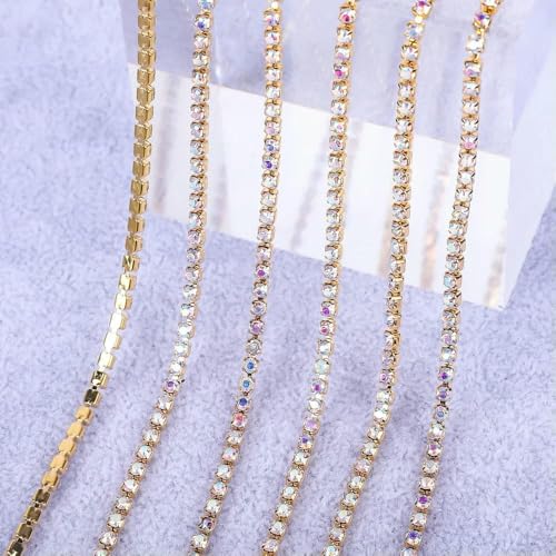 1 Yard/5 Yards Kristall-Strasssteine, Tassenkette, Gold-Diamant-Strass, dekorative Applikationen für Kleider, AB mit Gold-SS6 (2 mm)-1 Yard von QOVBD