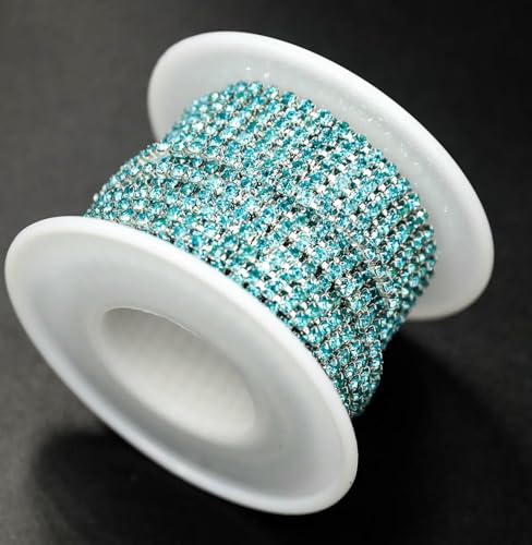 1 Yard 10 Yards/Rolle SS6-SS18 Glänzende Kristall-Strasskette zum Aufnähen und Aufkleben für Kleidung, Schmuck, Bekleidungszubehör, Zierketten, Tassenkette, Silber B Seeblau, SS6 – 2 mm, 10 Y von QOVBD