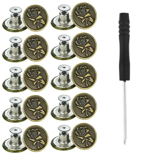 10 Stück Ersatz-Jeansknöpfe, 17 mm, nähfrei, abnehmbar, aus Metall, mit Reparaturgewinde, Nieten und Schraubendrehern, B von QOVBD