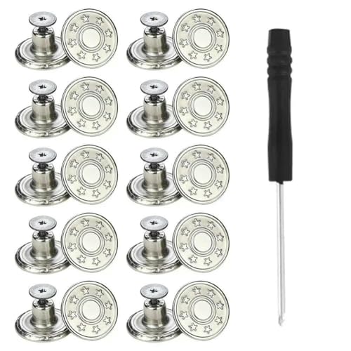 10 Stück Ersatz-Jeansknöpfe, 17 mm, nähfrei, abnehmbar, aus Metall, mit Reparaturgewinde, Nieten und Schraubendrehern, H von QOVBD
