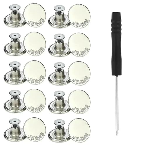 10 Stück Ersatz-Jeansknöpfe, 17 mm, nähfrei, ohne Nägel, abnehmbar, aus Metall, mit Reparaturgewinde, Nieten und Schraubendreher-F von QOVBD