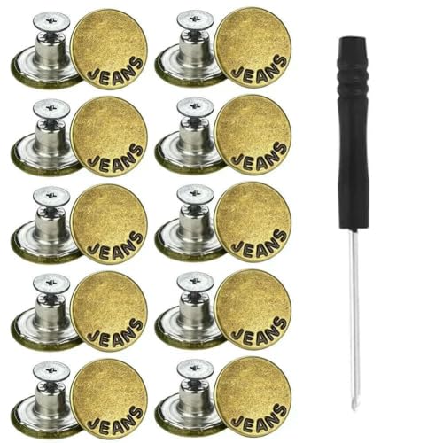 10 Stück Ersatz-Jeansknöpfe, 17 mm, nähfrei, ohne Nägel, abnehmbar, aus Metall, mit Reparaturgewinde, Nieten und Schraubendreher-G von QOVBD