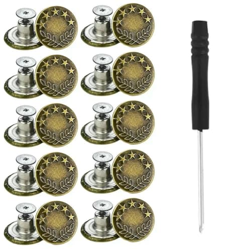 10 Stück Ersatz-Jeansknöpfe, 17 mm, ohne Nähen, ohne Nägel, abnehmbarer Jeansknopf aus Metall mit Reparaturgewinde, Nieten und Schraubendreher-D von QOVBD