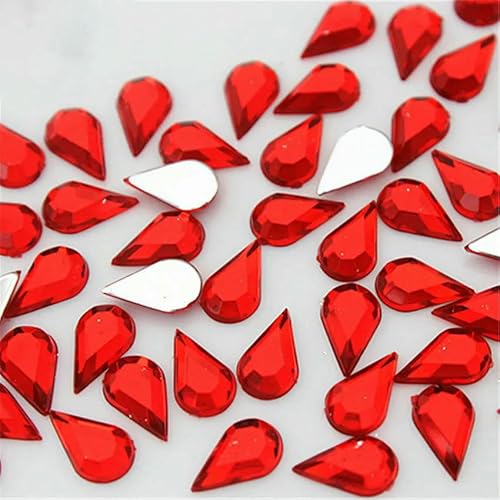 100 Stück 6 x 10 mm, gemischte Farben, Tropfen-Strasssteine, flache Rückseite, Acryl-Edelsteine, Kristallsteine, nicht nähebare Perlen für DIY-Kleidung, rot von QOVBD