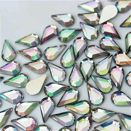 100 Stück 6 x 10 mm, gemischte Farben, Tropfen-Strasssteine, flache Rückseite, Acryl-Edelsteine, Kristallsteine, nicht nähende Perlen für DIY-Kleidung, AB transparent von QOVBD