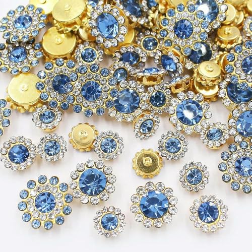 100 Stück Strasssteine zum Aufnähen mit Blumen, glänzende Kristalle, Besatz aus Glassteinen, Perlen, Knöpfe, Basteln, Nähen von Strasssteinen für Kleidungsdekoration, heller Saphir, gemischte Größe von QOVBD