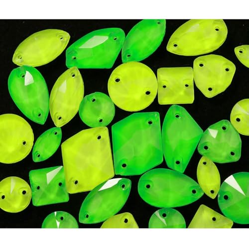 15/20/35 Stück Neonglas-Strasssteine zum Aufnähen, gemischte Größe, Strass, grüne flache Rückseite, Glitzersteine, Nähzubehör, Kristalle, Diamanten, 7–20 Stück, gemischte Form von QOVBD