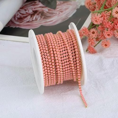2 mm Strass-Kettenkette, Splitter/Gold, Unterseite zum Aufnähen, Strass-Kettenbesatz, dekorative Applikation, Acryl-Kristallbesatz, Goldrosa, SS6 (2 mm), 2 Yards von QOVBD