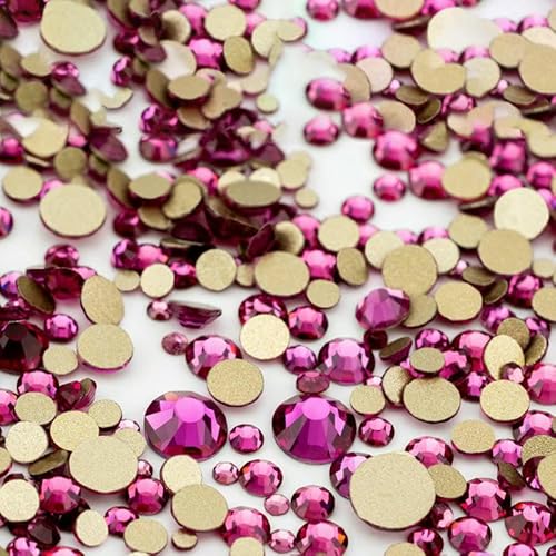 3000 Stück, gemischte Größen SS4–SS20, klare Kristall-Strasssteine, nicht zum Hotfixieren, goldfarbene flache Rückseite, Glitzersteine, Nagelkunst, Basteln, DIY-Dekorationen – Fuchsia von QOVBD