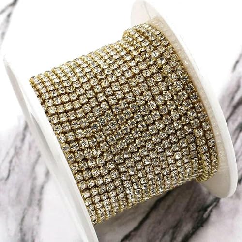 Bekleidungszubehör 10 Yards/Rolle Glaskristall-Strasssteine, goldene Klauenbecherkette, Strassbesatz, DIY-Kleidung/Taschen/Hochzeitskleid, transparent, SS16, 1 Rolle von QOVBD