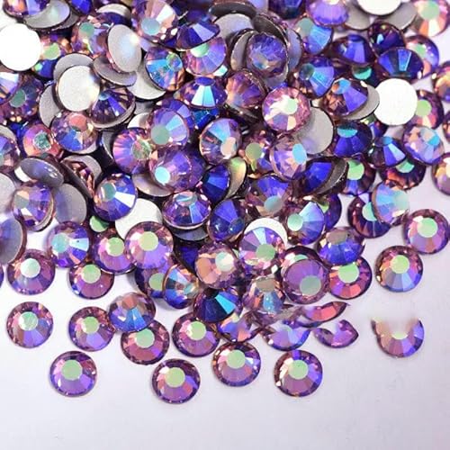 Bunte SS3-SS34 Kristall AB Glitzer-Strasssteine aus Glas, nicht Hotfix-Strasssteine, flache Rückseite, Diamant-Nagelkunst-Dekorationen, B2540-Lt.Amethyst AB, gemischte Größe, 1440 Stück von QOVBD