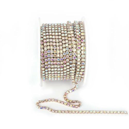 Crystal SS6-SS18 (2 mm – 4,5 mm) Silber-/Goldbasis, klare, dichte Strasskette, Bekleidung, Nähen, Glas-Strass-Cup-Kette, Hellrosagold AB-SS8 (2,5 mm), 5 Yards Packung von QOVBD