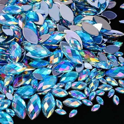 Edelstein-Mix-Größe, Glitzer, Acryl, Pferdeauge, nicht Hotfix-Strasssteine für Nägel, Kristalle, Perlen, Strasssteine für Kleider, Nagelkunst, Steine – Aquamarin AB – 6 x 12 mm – 100 Stü von QOVBD