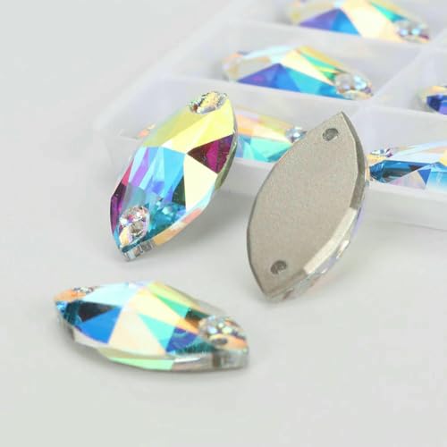 Flache Navette-Schnalle aus Glas, Nähsteine, flache Rückseite, zum Aufnähen von Strasssteinen für Kleidertaschen, 001AB, Kristall AB, 72 Stück, 6 mm, 12 mm von QOVBD