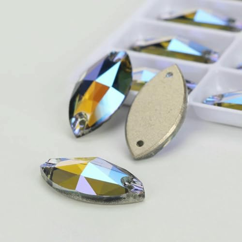 Flache Navette-Schnalle aus Glas, Nähsteine, flache Rückseite, zum Aufnähen von Strasssteinen für Kleidertaschen, 215SI, schwarzer Diamant, 12 Stück, 15 mm, 32 mm von QOVBD