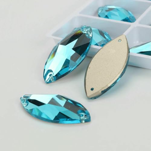 Flache Navette-Schnalle aus Glas, Nähsteine, flache Rückseite, zum Aufnähen von Strasssteinen für Kleidertaschen, T202 Aquamarin, 72 Stück, 6 mm, 12 mm von QOVBD