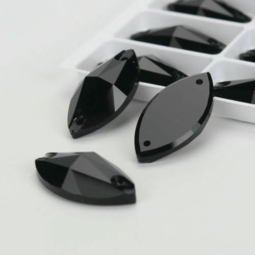 Flache Navette-Schnallen aus Glas, Nähsteine mit flacher Rückseite, zum Aufnähen von Strasssteinen für Kleidertaschen, T280 Jet, 42 Stück, 7 mm, 15 mm von QOVBD