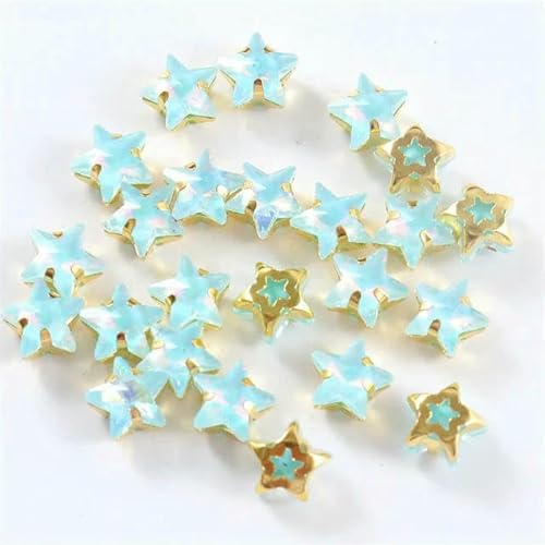 Glasperlen zum Aufnähen, Sternform, Diamant, Strasssteine mit Goldbasis, flache Rückseite, Kristalldekorationen für Kleidung, DIY, Jelly Aquamarin, 10 mm, 20 Stück von QOVBD