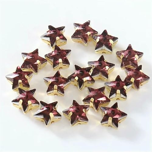 Glasperlen zum Aufnähen, Sternform, Diamant, Strasssteine mit Goldbasis, flache Rückseite, Kristalldekorationen für Kleidung, DIY, Weinrot, 10 mm, 20 Stück von QOVBD