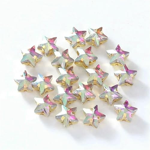 Glasperlen zum Aufnähen, Sternform, Diamant, Strasssteine mit Goldbasis, flache Rückseite, Kristalldekorationen für Kleidung, DIY, Weiß AB, 10 mm, 20 Stück von QOVBD