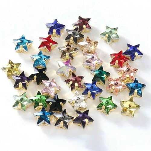 Glasperlen zum Aufnähen, Sternform, Diamant, Strasssteine mit Goldbasis, flache Rückseite, Kristalldekorationen für Kleidung, DIY, gemischte Farben, 01–10 mm, 20 Stück von QOVBD