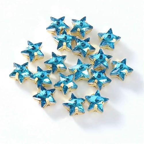 Glasperlen zum Aufnähen, Sternform, Diamant, Strasssteine mit Goldbasis, flache Rückseite, Kristalldekorationen für Kleidung, DIY-Aquamarin, 10 mm, 20 Stück von QOVBD